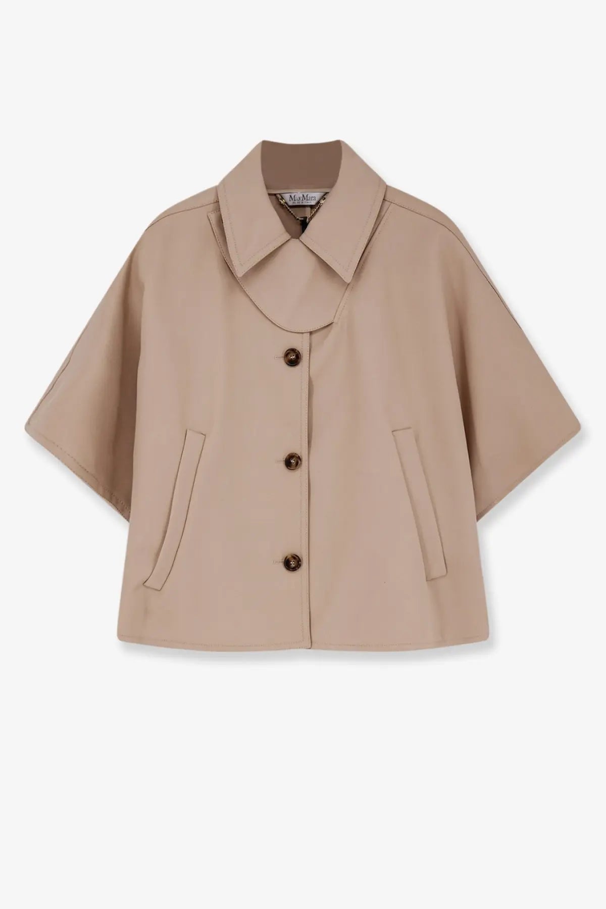 Max Mara women’s mxapaggio cotton beige cape-style jacket with collar short sleeves and three dark brown buttons