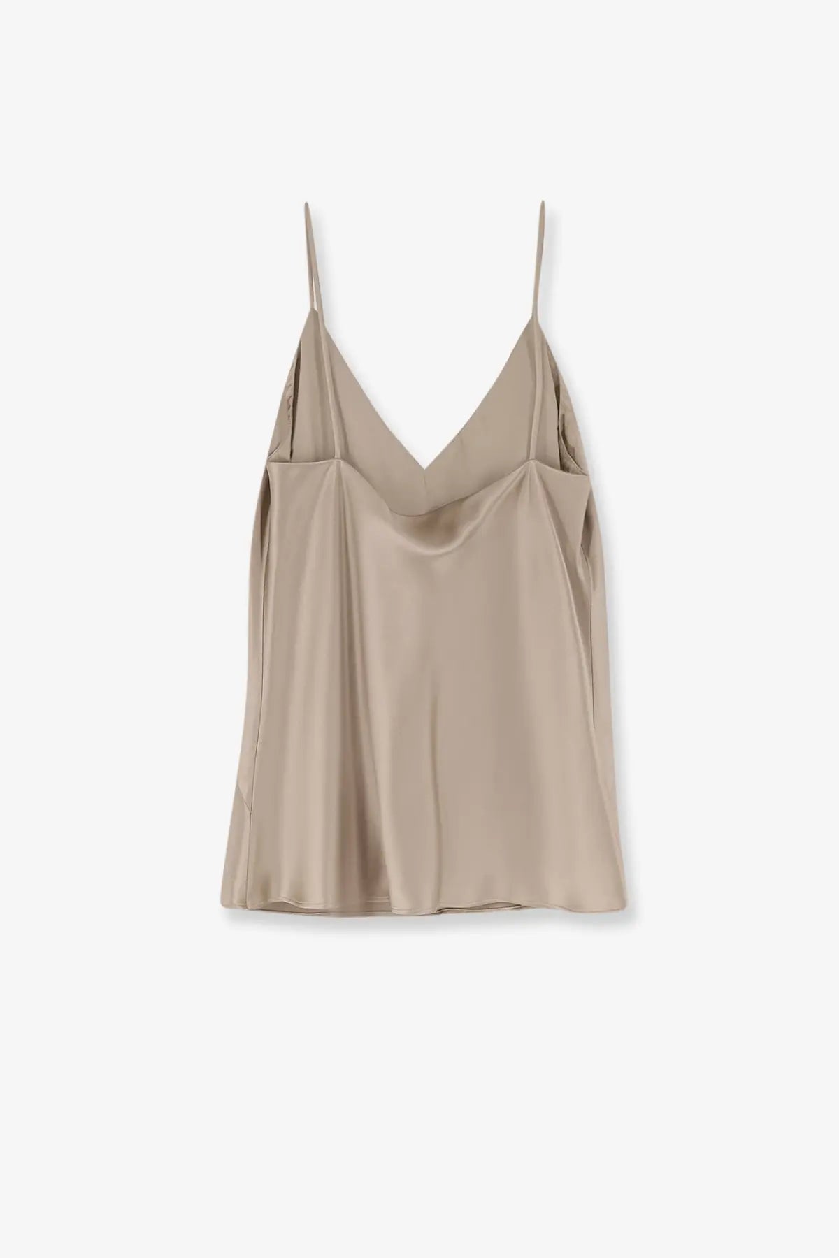 Max mara women’s mxebacco beige satin camisole with thin spaghetti straps and draped v-neckline silk top