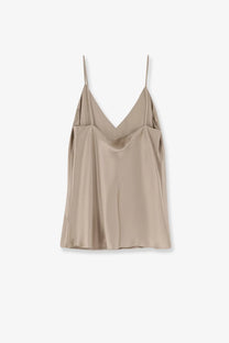 Max mara women’s mxebacco beige satin camisole with thin spaghetti straps and draped v-neckline silk top