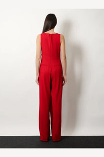 Max Mara women’s Mxebello viscose jumpsuit geranio in vibrant red with sleeveless design, straight-leg cut, and front pockets