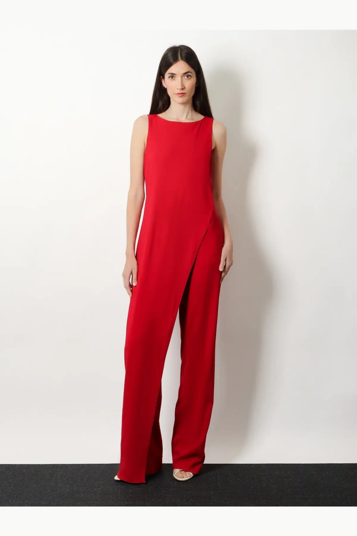 Max Mara women’s Mxebello geranio vibrant red sleeveless jumpsuit with sleek cut wide-leg viscose pants