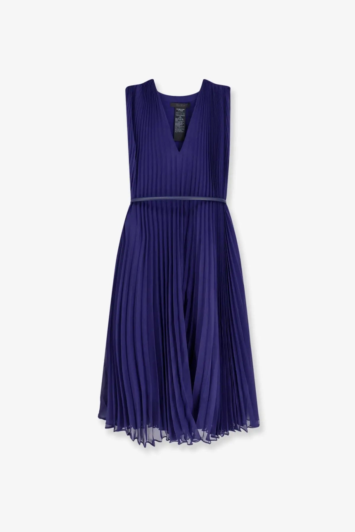 Max Mara women’s Mxecapsula long deep purple pleated dress with v-neckline and matching belt in blue