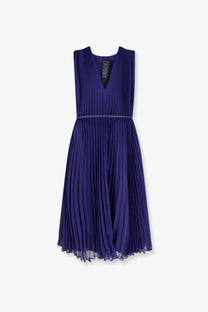 Max Mara women’s Mxecapsula long deep purple pleated dress with v-neckline and matching belt in blue