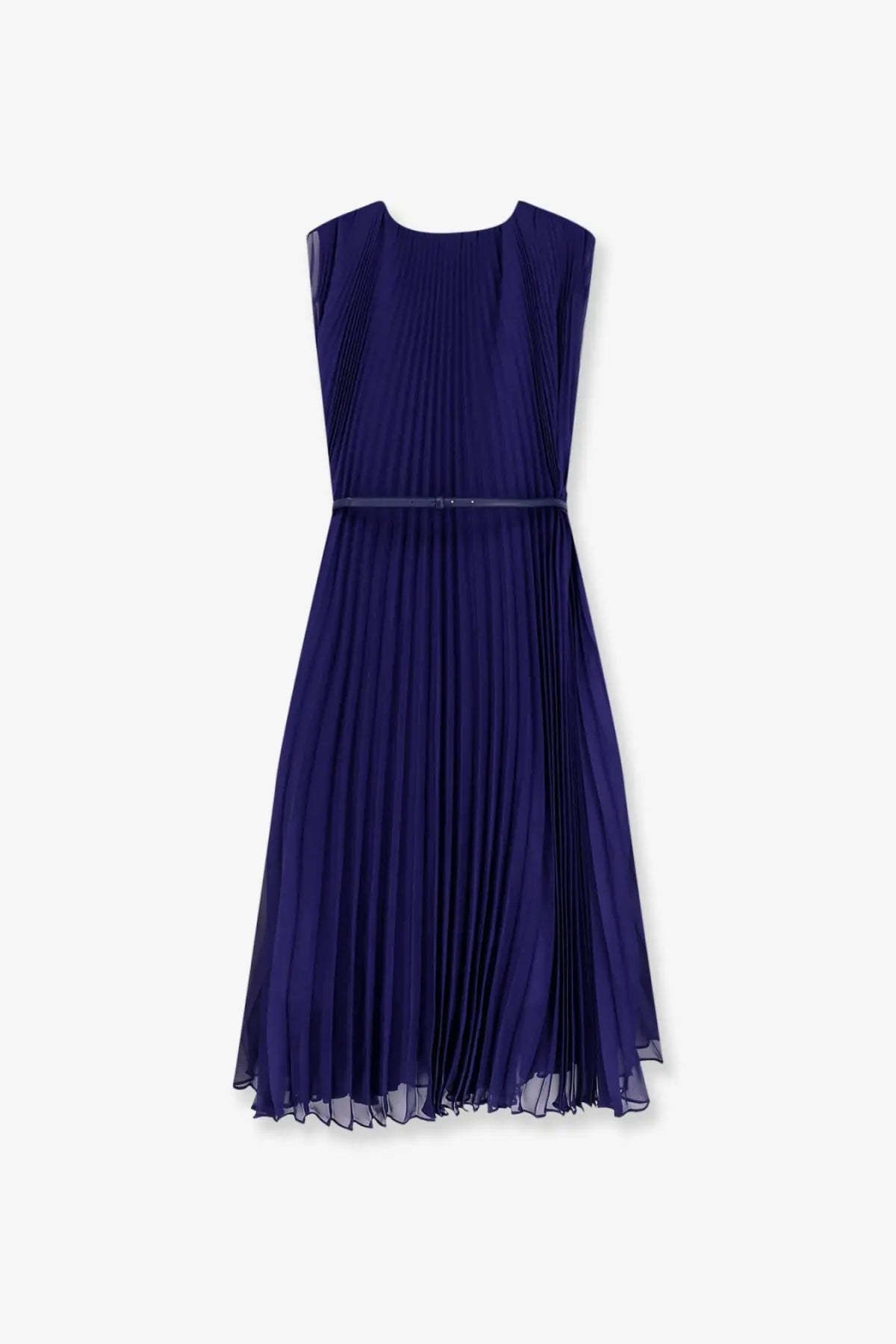 Max Mara women’s Mxecapsula long navy blue sleeveless pleated dress with a matching belt for elegant occasions