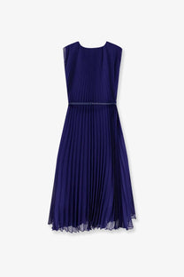 Max Mara women’s Mxecapsula long navy blue sleeveless pleated dress with a matching belt for elegant occasions