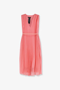 Max Mara women’s Mxecapsula sleeveless coral pleated long dress with v-neckline and matching belt