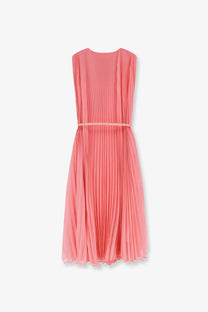 Max mara women’s mxecapsula sleeveless coral pleated midi dress with matching belt in lightweight fabric