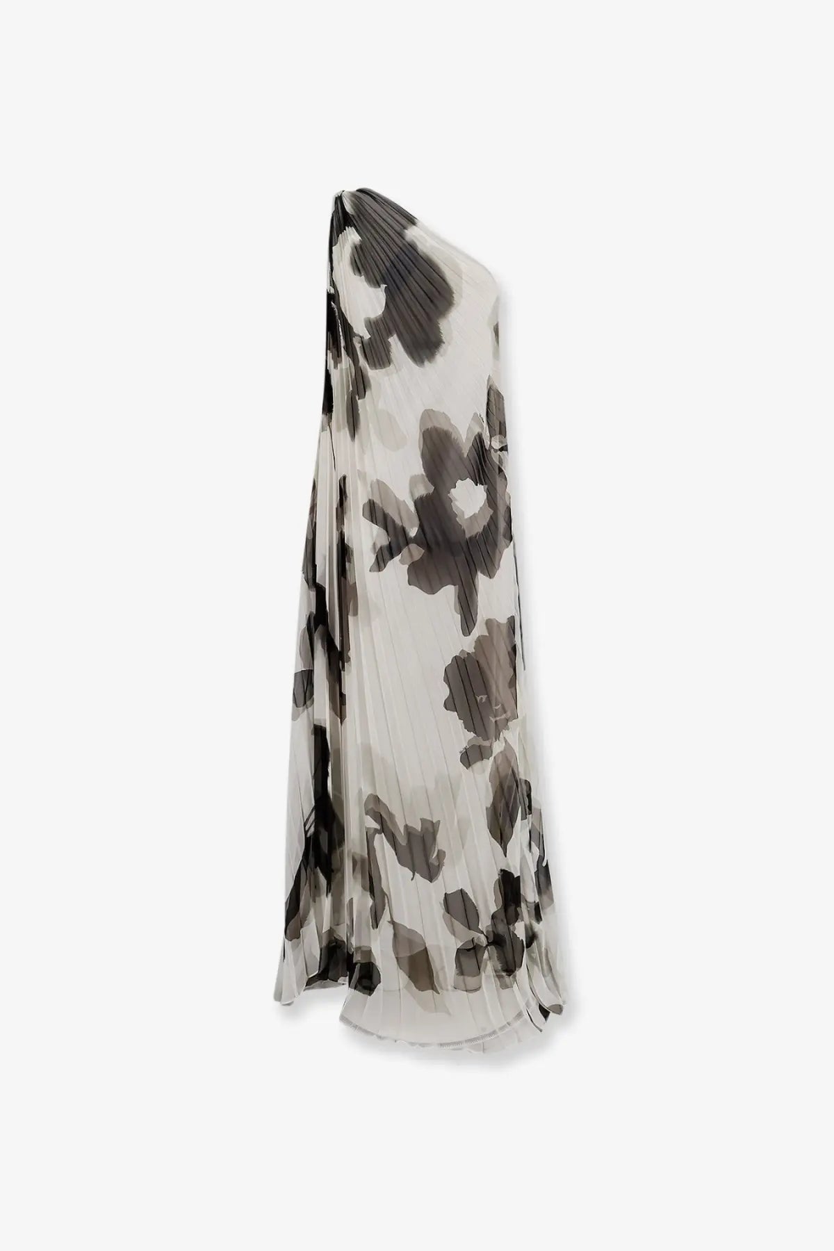 Max Mara women’s Mxefuggito pleated long dress in sheer black and gray floral fabric with one-shoulder flowing silhouette