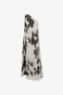 Max Mara women’s Mxefuggito pleated long dress in sheer black and gray floral fabric with one-shoulder flowing silhouette