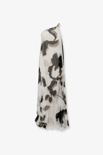 Max Mara women’s mxefuggito pleated long dress in white sheer fabric with black and white abstract floral pattern