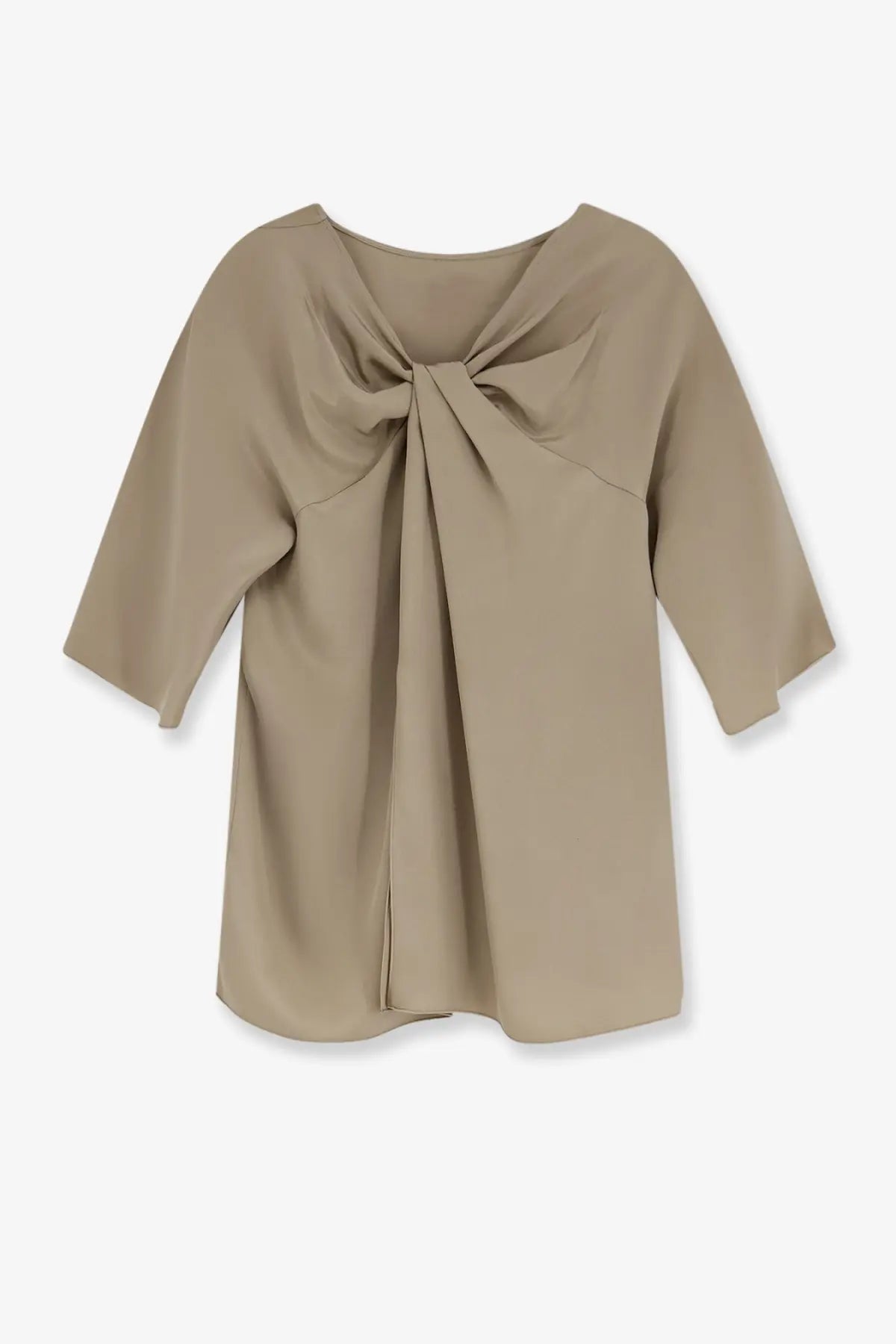 Beige satin blouse with draped front knot and three quarter sleeves made from silk by max mara women
