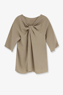 Beige satin blouse with draped front knot and three quarter sleeves made from silk by max mara women