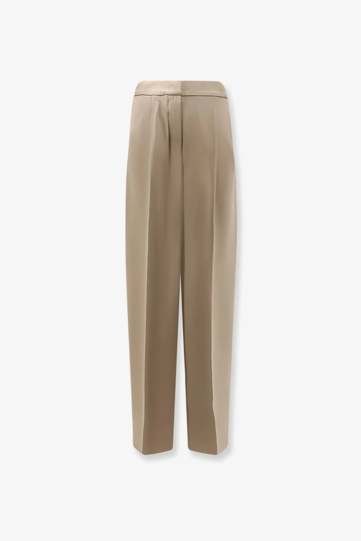 Beige Max Mara women’s Mxepalanca silk high-waisted wide-leg trousers with a sleek tailored silhouette and front pleats