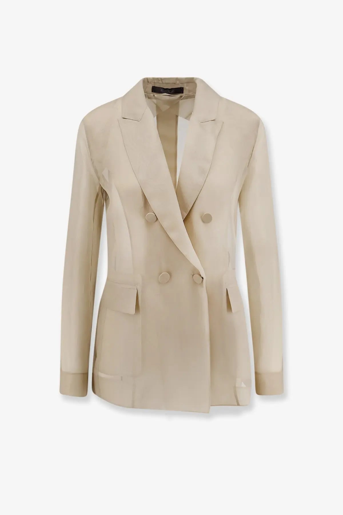 Max Mara women’s Mxeslogan beige double-breasted silk blazer with matching buttons and flap pockets