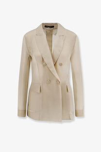 Max Mara women’s Mxeslogan beige double-breasted silk blazer with matching buttons and flap pockets