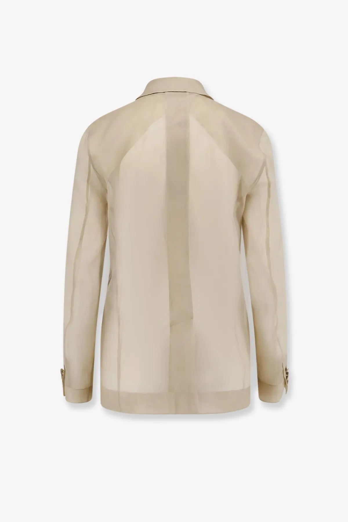 Max Mara women’s Mxeslogan beige silk blazer with semi-sheer fabric, vertical seam detailing, and gold button cuffs