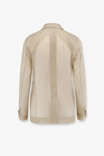 Max Mara women’s Mxeslogan beige silk blazer with semi-sheer fabric, vertical seam detailing, and gold button cuffs