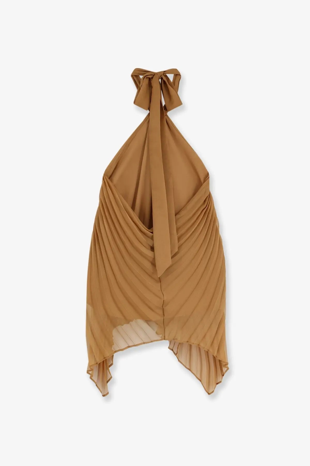 Max mara women’s mxevalzer flowing camel-colored halter top made of sheer pleated chiffon with draped front and tied neck detail