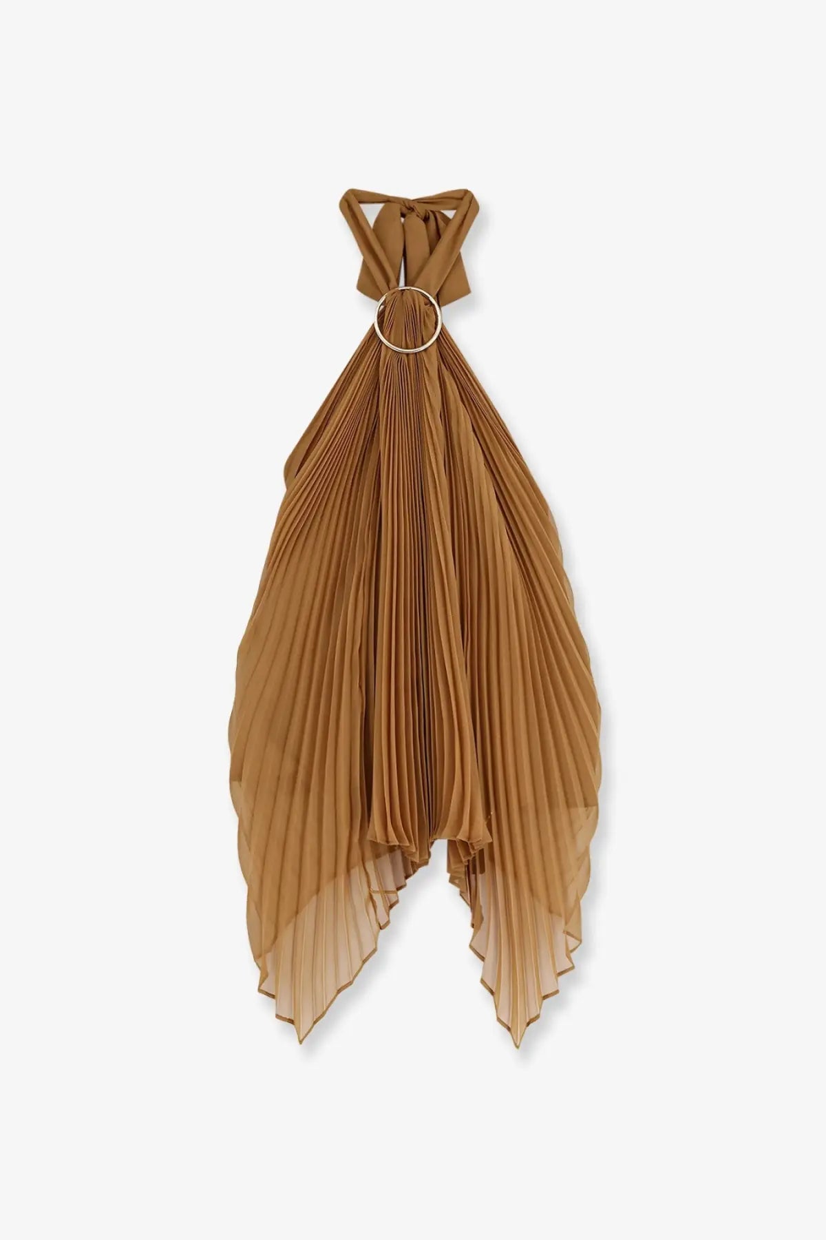 Max mara women’s mxevalzer flowing caramel pleated halter dress with circular metal ring neckline