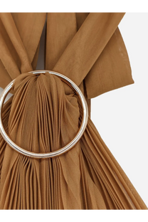 Max Mara women’s mxevalzer beige pleated top secured with a sleek silver-toned circular ring fastener