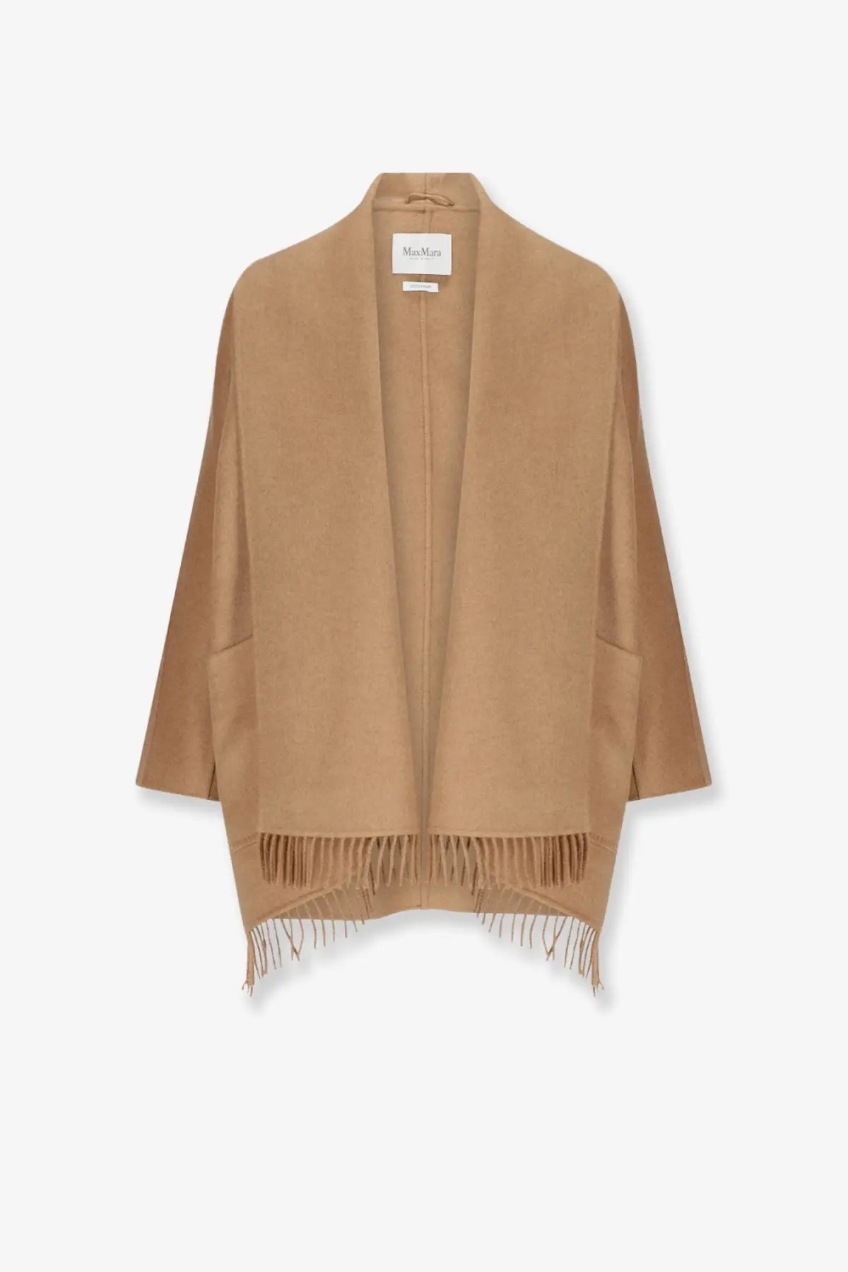 Max mara womens mxmabilita short camel coat beige made of soft camel-colored wool with relaxed fit and fringe hem
