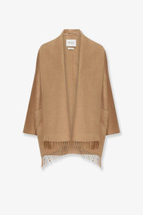 Max mara womens mxmabilita short camel coat beige made of soft camel-colored wool with relaxed fit and fringe hem