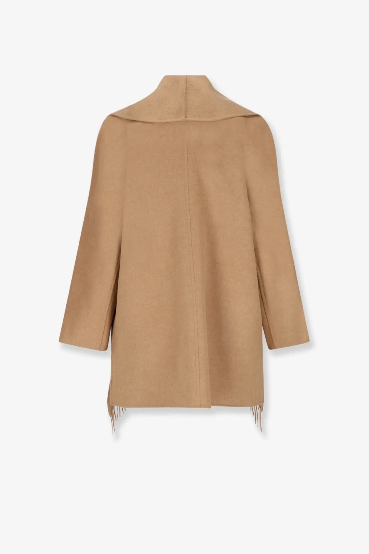 Max Mara women’s mxmabilita short camel coat beige wool with wide collar and fringe detailing at the hem