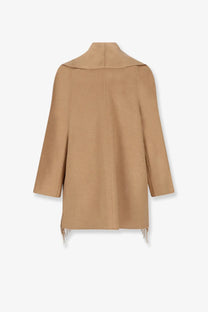 Max Mara women’s mxmabilita short camel coat beige wool with wide collar and fringe detailing at the hem