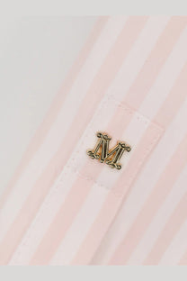Gold-toned ornate m logo pin on the pink and white striped cotton shirt cuff of Max Mara womens mxmaccenni shirt