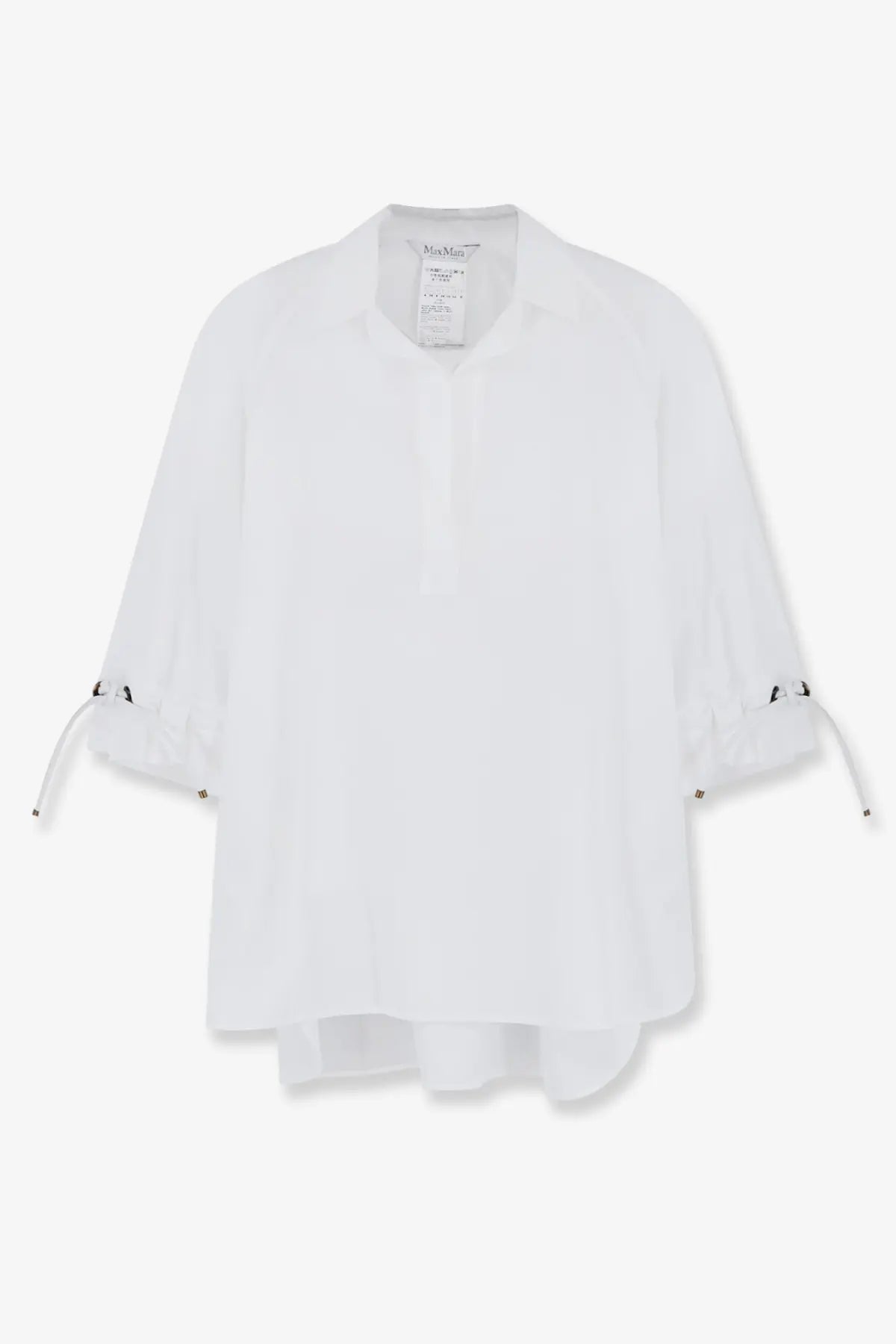 Max mara women’s mxmadorni white cotton blouse with lightweight fabric relaxed fit and ruched cuffs with drawstrings