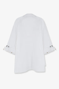 Max Mara women’s mxmadorni white cotton blouse with three-quarter sleeves and black lace-up cuffs