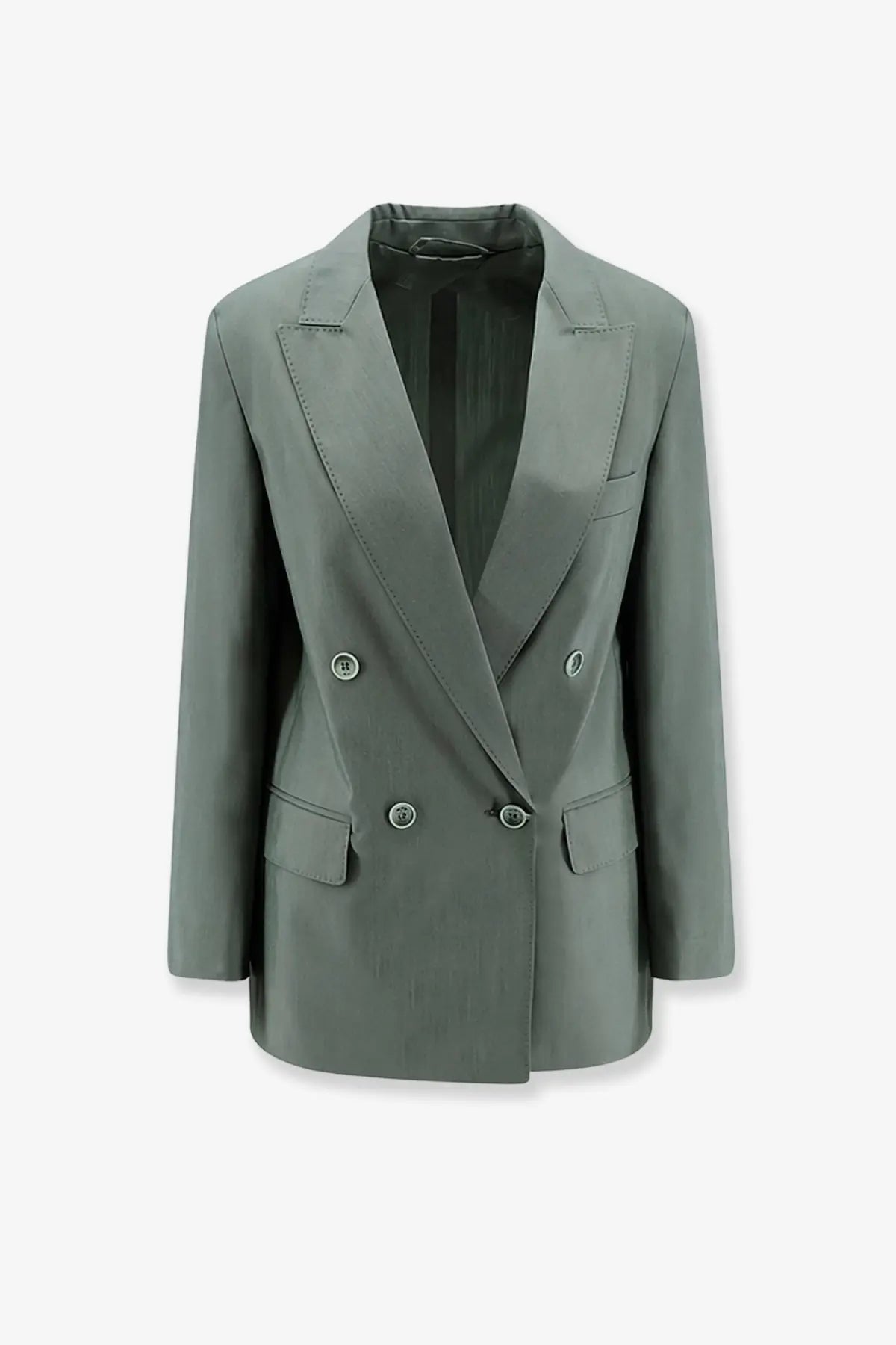 Max Mara women’s Mxmalbata olive green double-breasted blazer with silver buttons made of virgin wool and silk