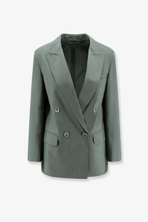 Max Mara women’s Mxmalbata olive green double-breasted blazer with silver buttons made of virgin wool and silk