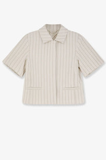 Beige cotton short-sleeved blazer with fine vertical pinstripes and classic collar from max mara women’s mxmangio collection