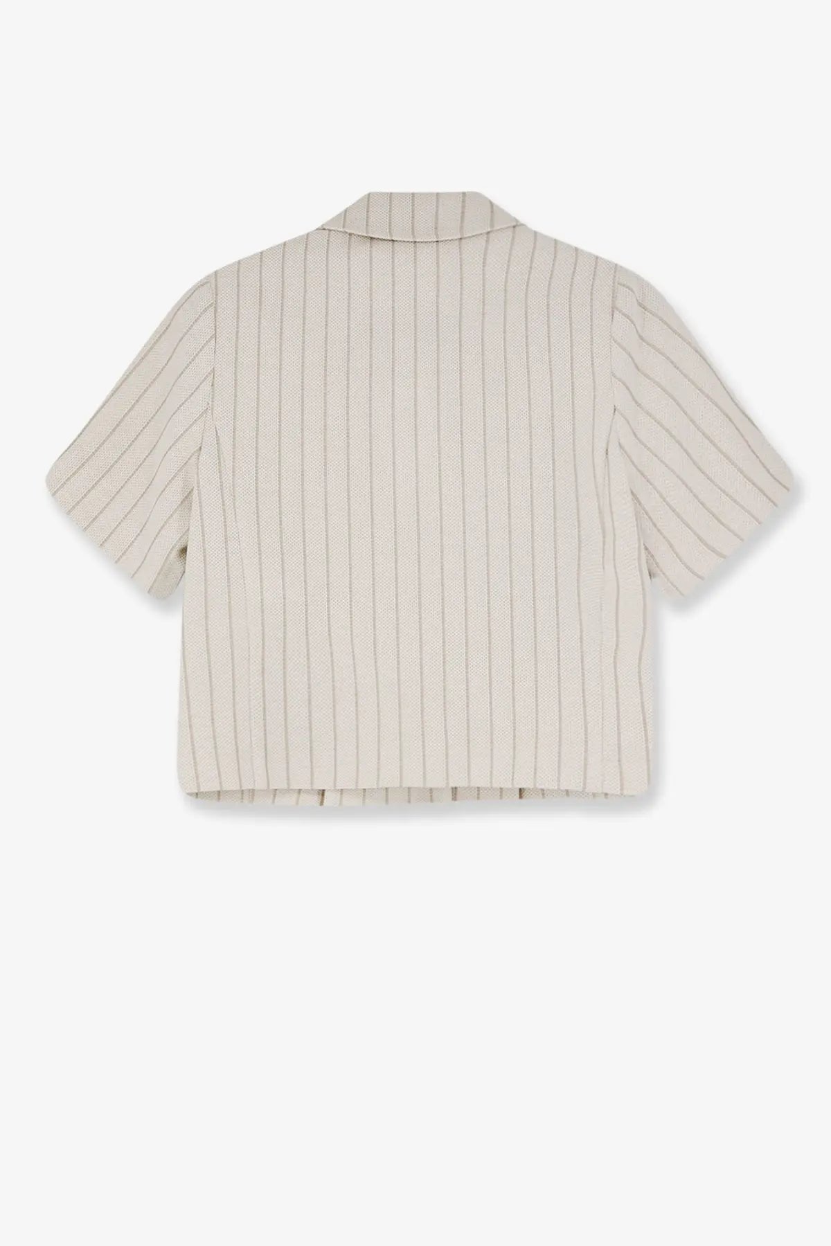 Max Mara womens mxmangio beige short-sleeved shirt with vertical gray pinstripes and textured cotton weave