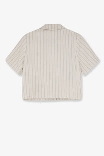 Max Mara womens mxmangio beige short-sleeved shirt with vertical gray pinstripes and textured cotton weave