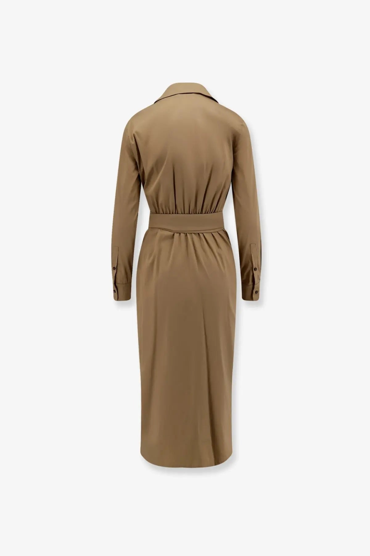 Max Mara women’s mxmbeta camel-colored cotton blend trench coat dress with fitted waistband and long sleeves