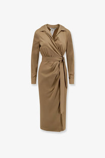 Max Mara women’s Mxmbeta camel-colored cotton blend wrap dress with collar and tied waistband in beige