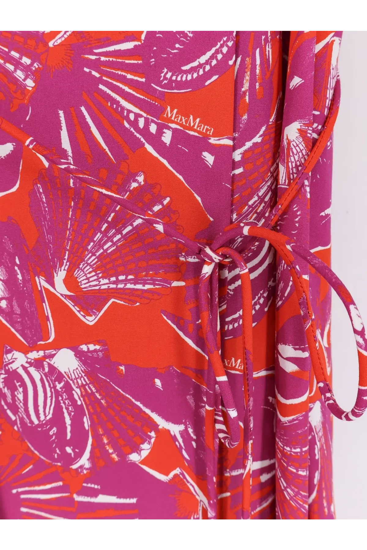Max Mara women’s mxmcamino printed cotton dress in orange with magenta and white stylized seashell print and drawstring ties