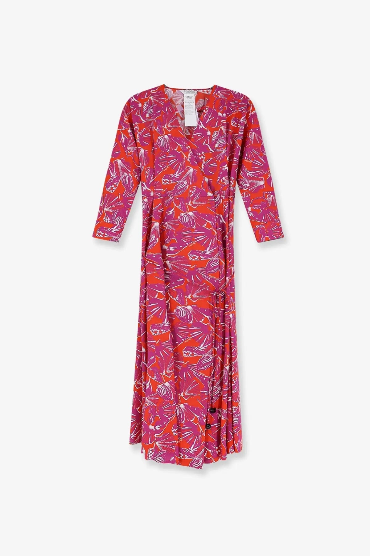 Max Mara women’s mxmcamino printed cotton dress orange featuring a vibrant pink and orange floral wrap design with three-quarter sleeves