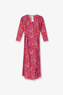 Max Mara women’s mxmcamino printed cotton dress orange featuring a vibrant pink and orange floral wrap design with three-quarter sleeves