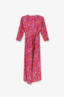 Max Mara women’s mxmcamino printed cotton dress in vibrant pink and orange floral wrap style with three-quarter sleeves