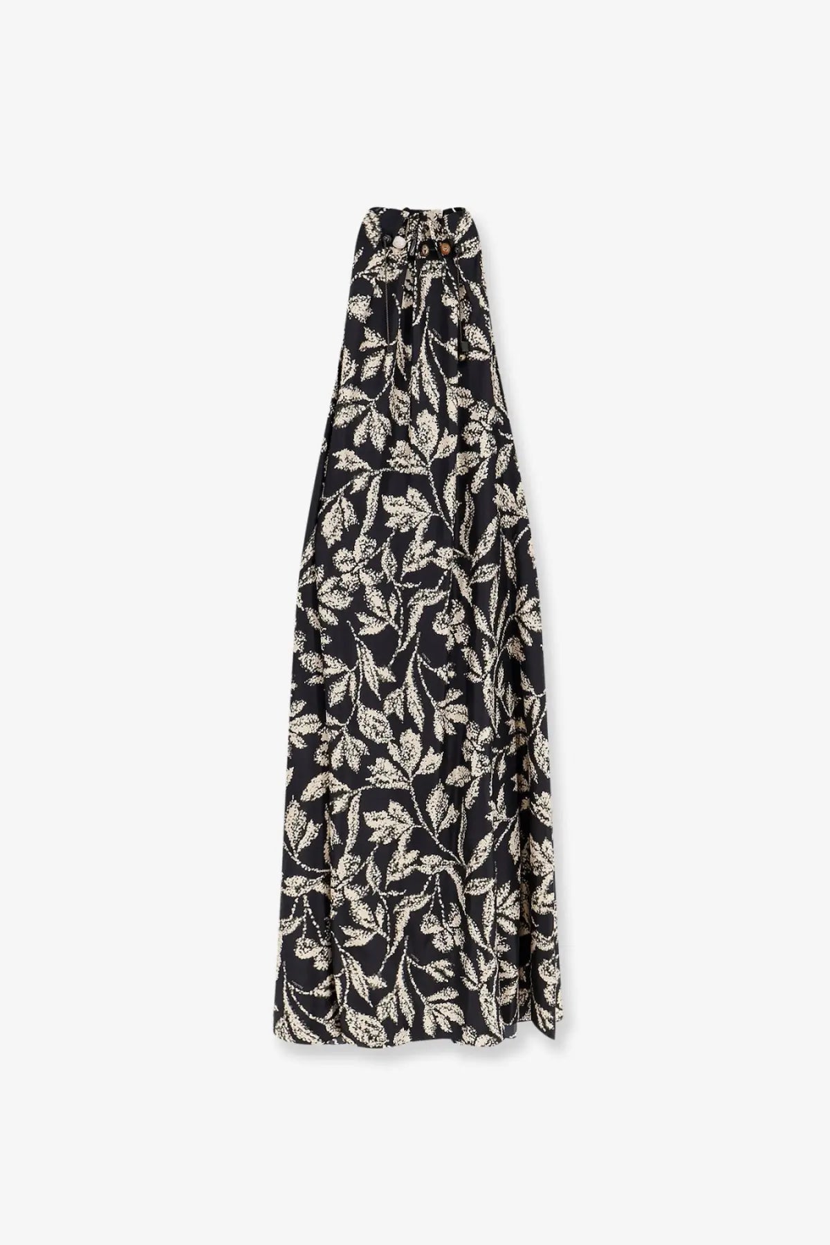 Max Mara women’s mxmcartone silk maxi dress in black with cream leaf pattern and halter neckline