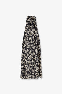Max Mara women’s mxmcartone silk maxi dress in black with cream leaf pattern and halter neckline