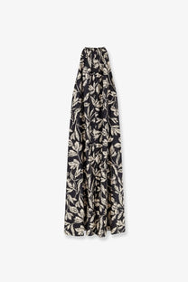 Max mara women’s mxmcartone black silk dress featuring a black maxi skirt with delicate cream leaf pattern