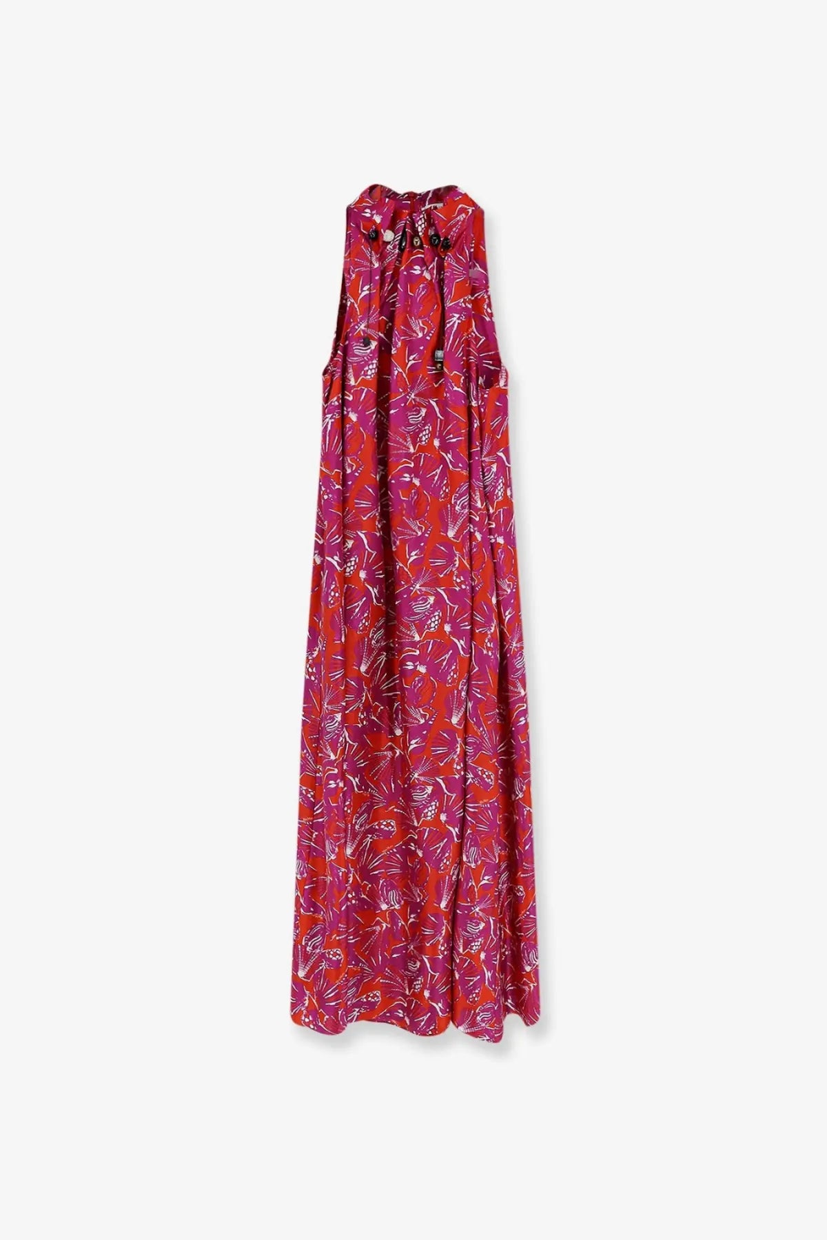 Max Mara women’s mxmcartone silk long dress in vibrant red and magenta floral sleeveless halter maxi style