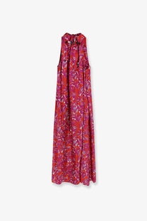 Max Mara women’s mxmcartone silk long dress in vibrant red and magenta floral sleeveless halter maxi style
