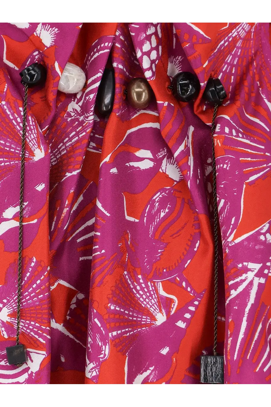 Max Mara women’s mxmcartone silk long dress in vibrant red and magenta with seashell pattern and skull-shaped buttons