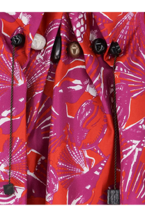 Max Mara women’s mxmcartone silk long dress in vibrant red and magenta with seashell pattern and skull-shaped buttons
