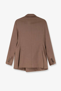 Max mara women’s mxmcupola virgin wool blazer beige shown from the back with a tailored camel color structured pleated design and buttoned cuffs